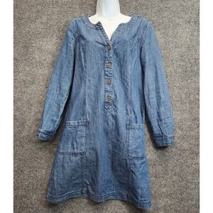 Boden Womens Denim Shift Dress 10R Blue Cotton Long Sleeve Utility Cottagecore